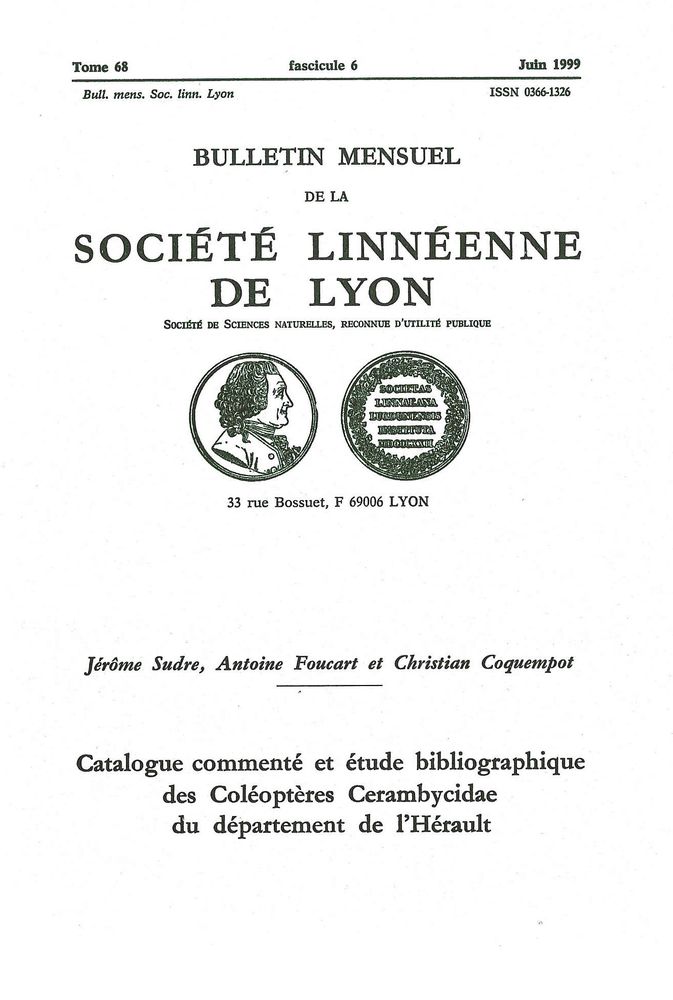 Couverture — Catalogue commenté et étude bibliographique des Cerambycidae de l’Hérault